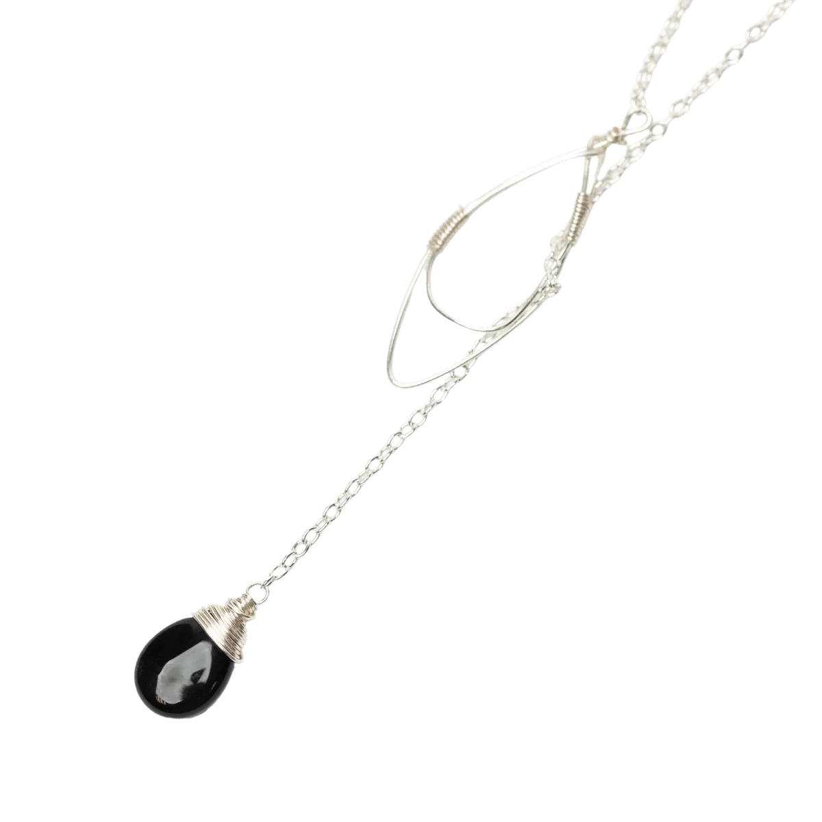 Black Onyx Teardrop Lariat Necklace in Silver