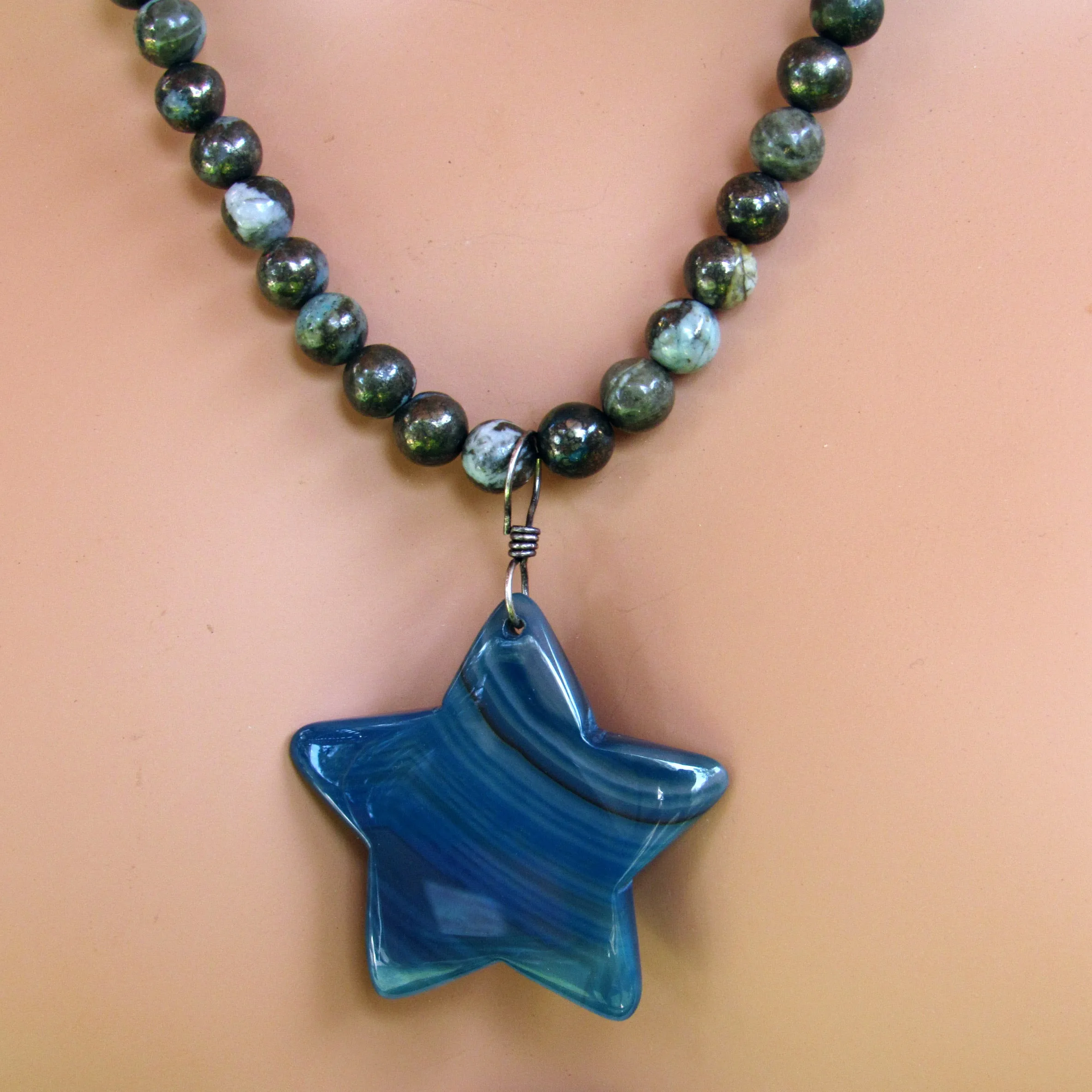 Blue Agate Star, Hand Wrapped w/ Oxidized Sterling Silver, On Blue Pyrite Necklace