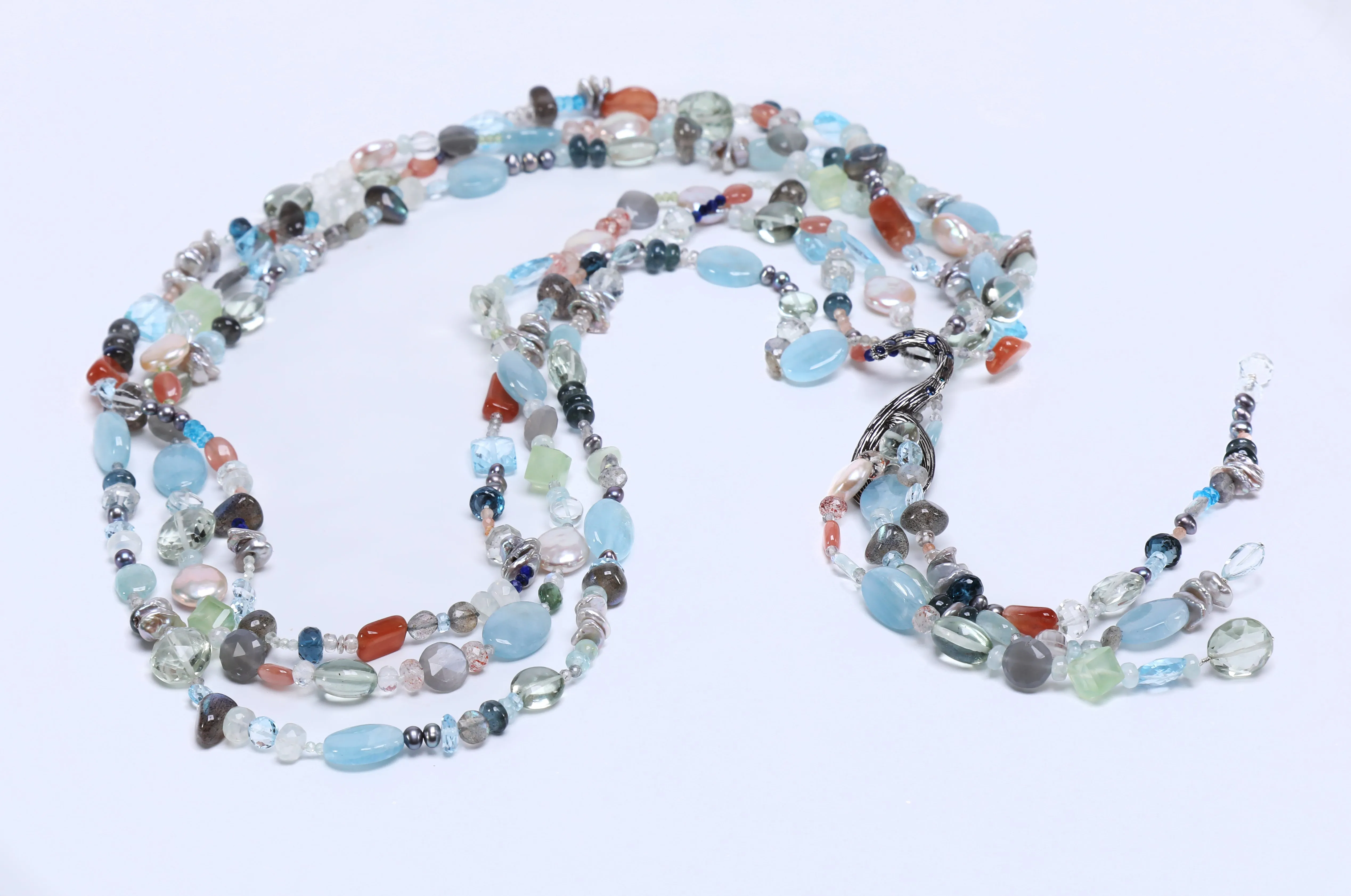 Blue Topaz, Moonstone, Aquamarine, Apatite, Sapphire and Silver Lariat