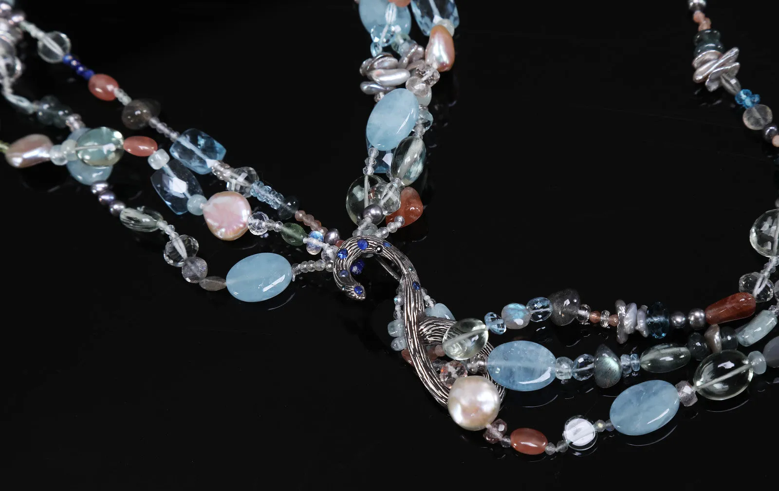 Blue Topaz, Moonstone, Aquamarine, Apatite, Sapphire and Silver Lariat