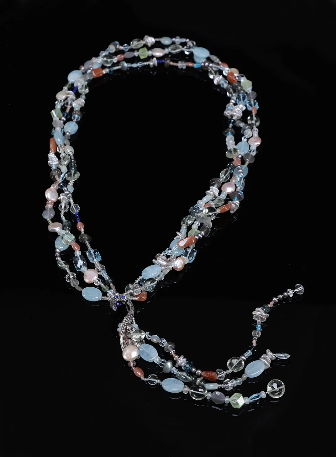 Blue Topaz, Moonstone, Aquamarine, Apatite, Sapphire and Silver Lariat