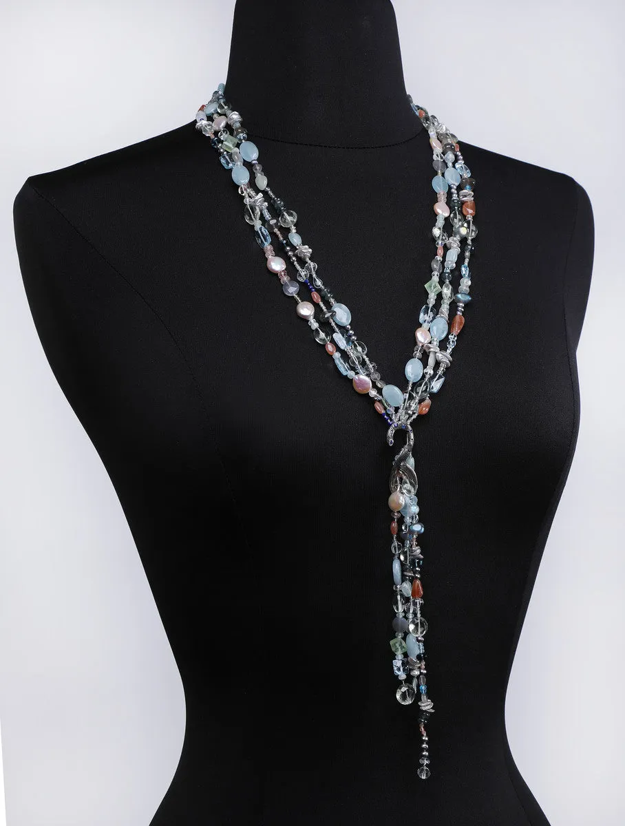 Blue Topaz, Moonstone, Aquamarine, Apatite, Sapphire and Silver Lariat