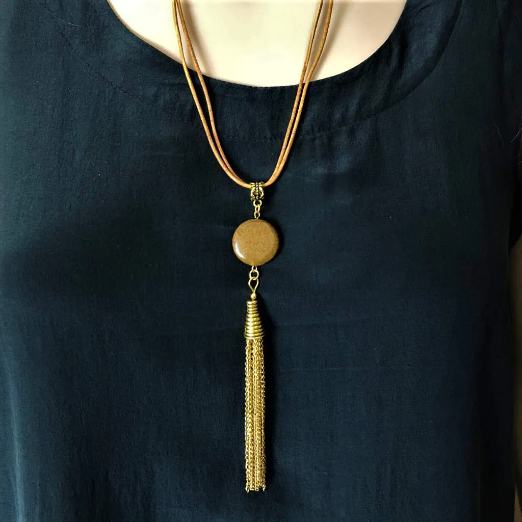 Brown Jasper and Leather Long Tassel Necklace