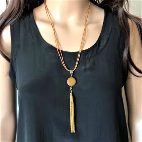 Brown Jasper and Leather Long Tassel Necklace