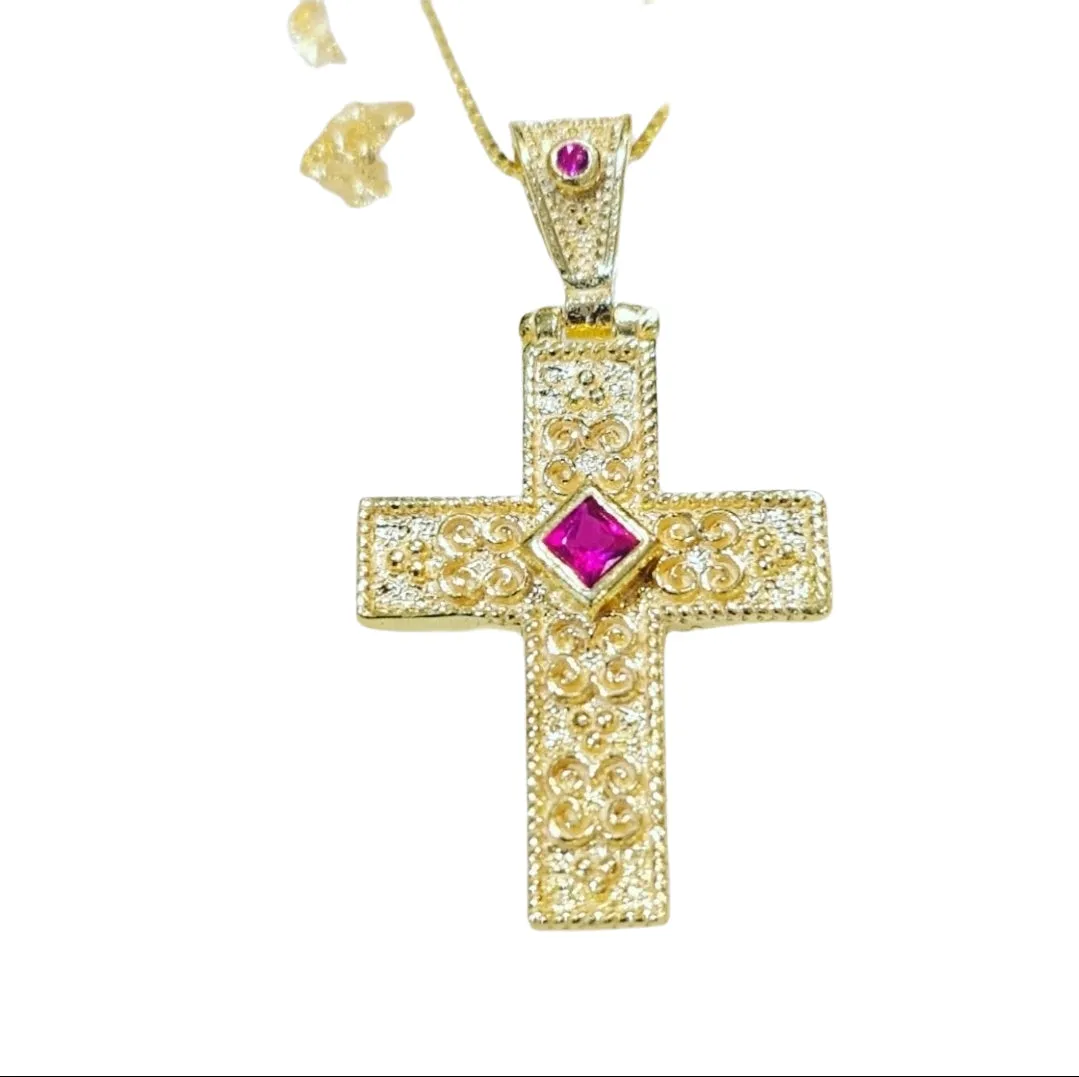 Byzantine Greek Cross Swarovki Red Crystal necklace