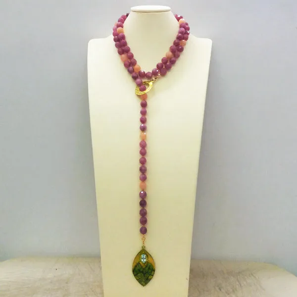 Carnelian with Pink Jade Lariat Style Necklace with Hand Painted Buri and Clear Quartz Stone