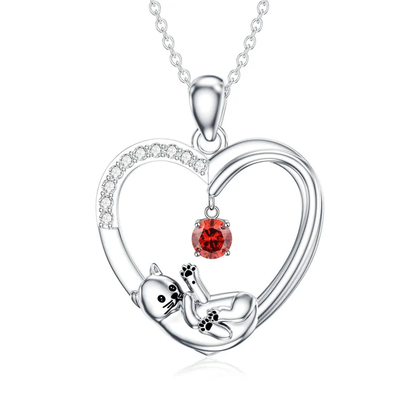 Cat Heart Necklace with Synthetic Birthstone Silver Cat Birthstone Necklace Gift for Women Girls