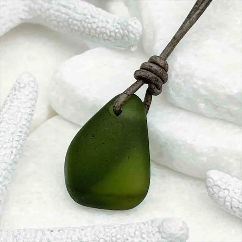 Champagne Green Bottle-Bottom Sea Glass Leather Necklace | #5105