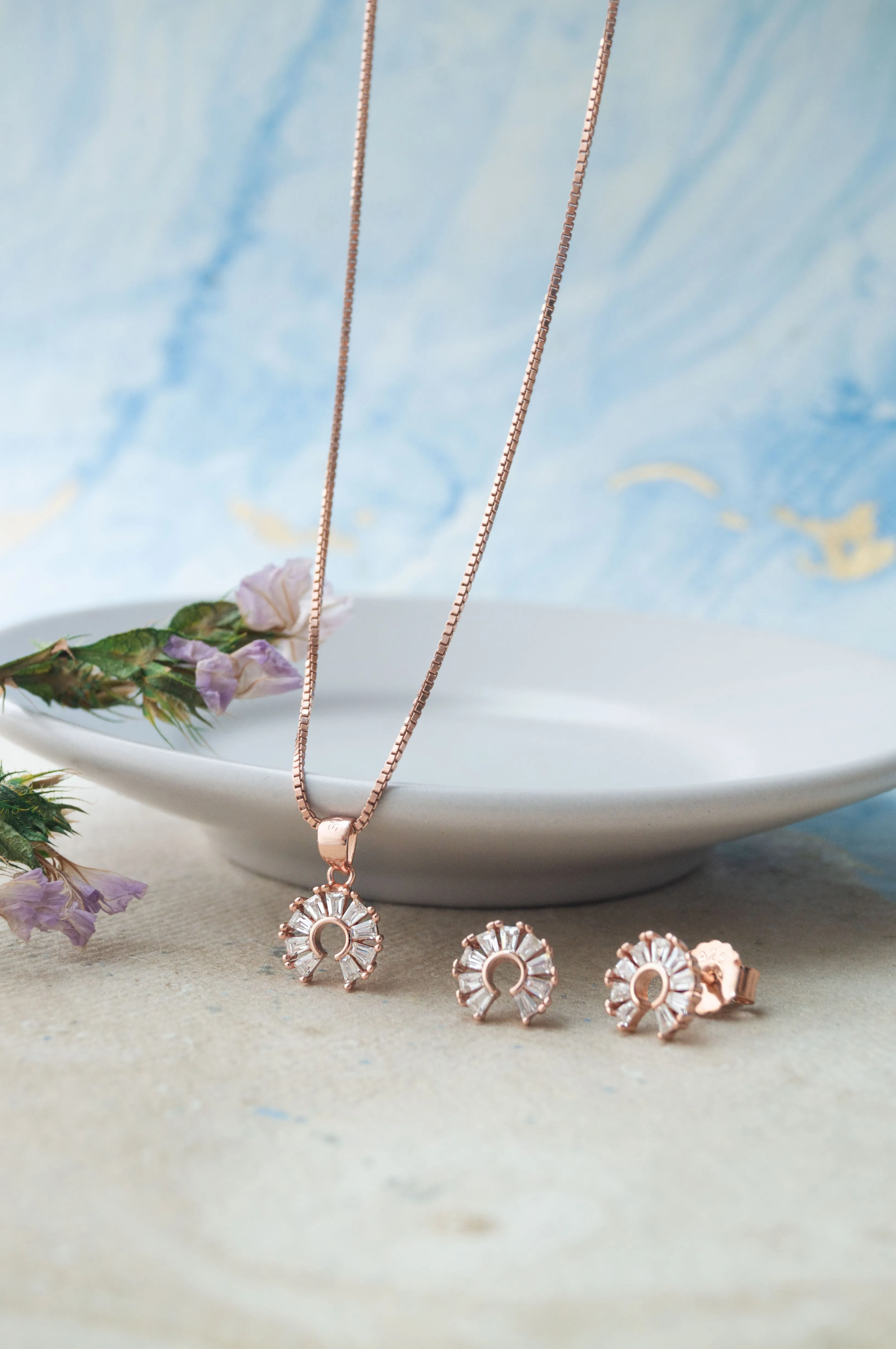 Channel Sparkle Circle Rose Gold Plated Sterling Silver Pendant Set