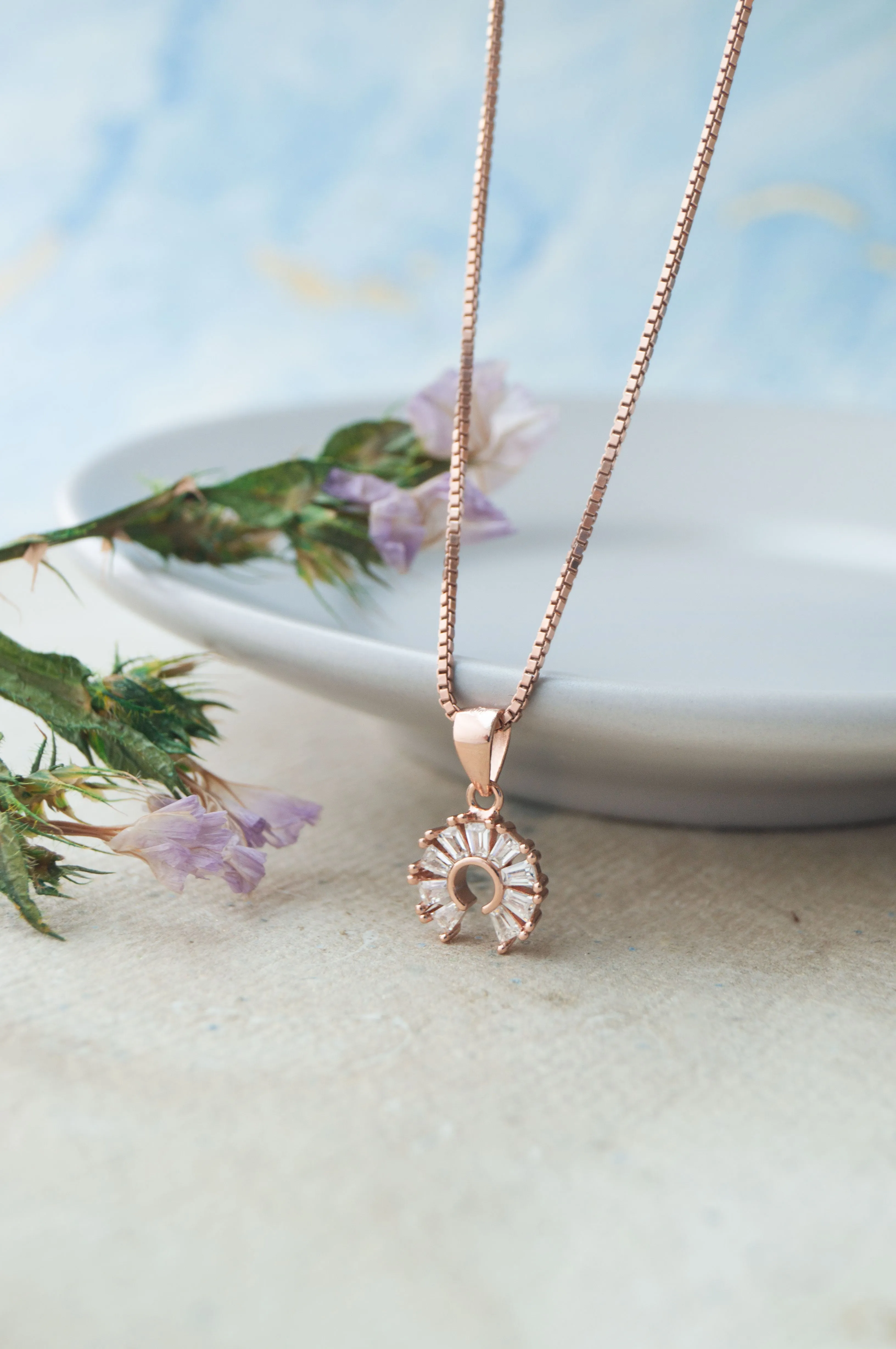 Channel Sparkle Circle Rose Gold Plated Sterling Silver Pendant Set