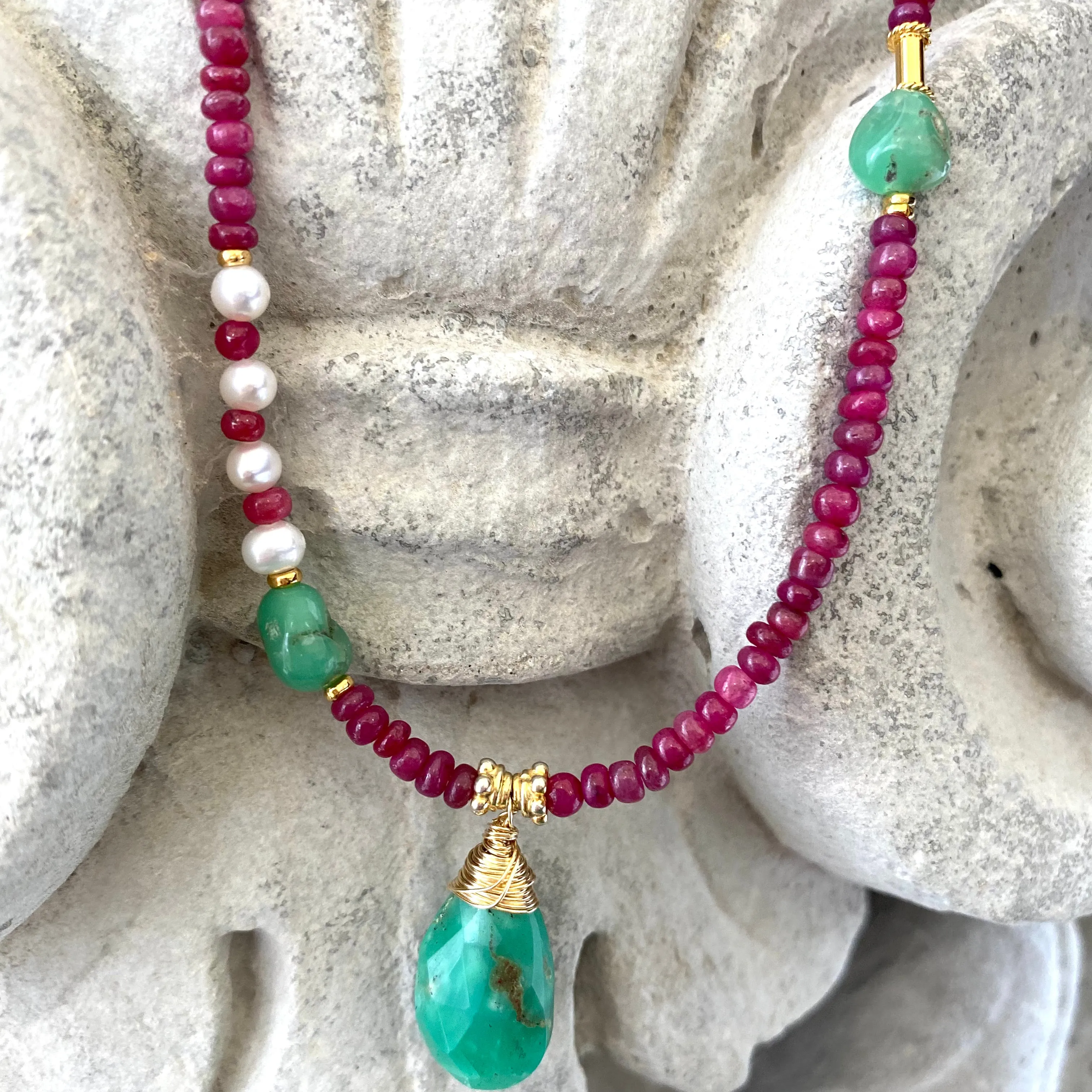 Chrysoprase & Rubies Necklace, Vermeil, Gold Plated Silver, 18in