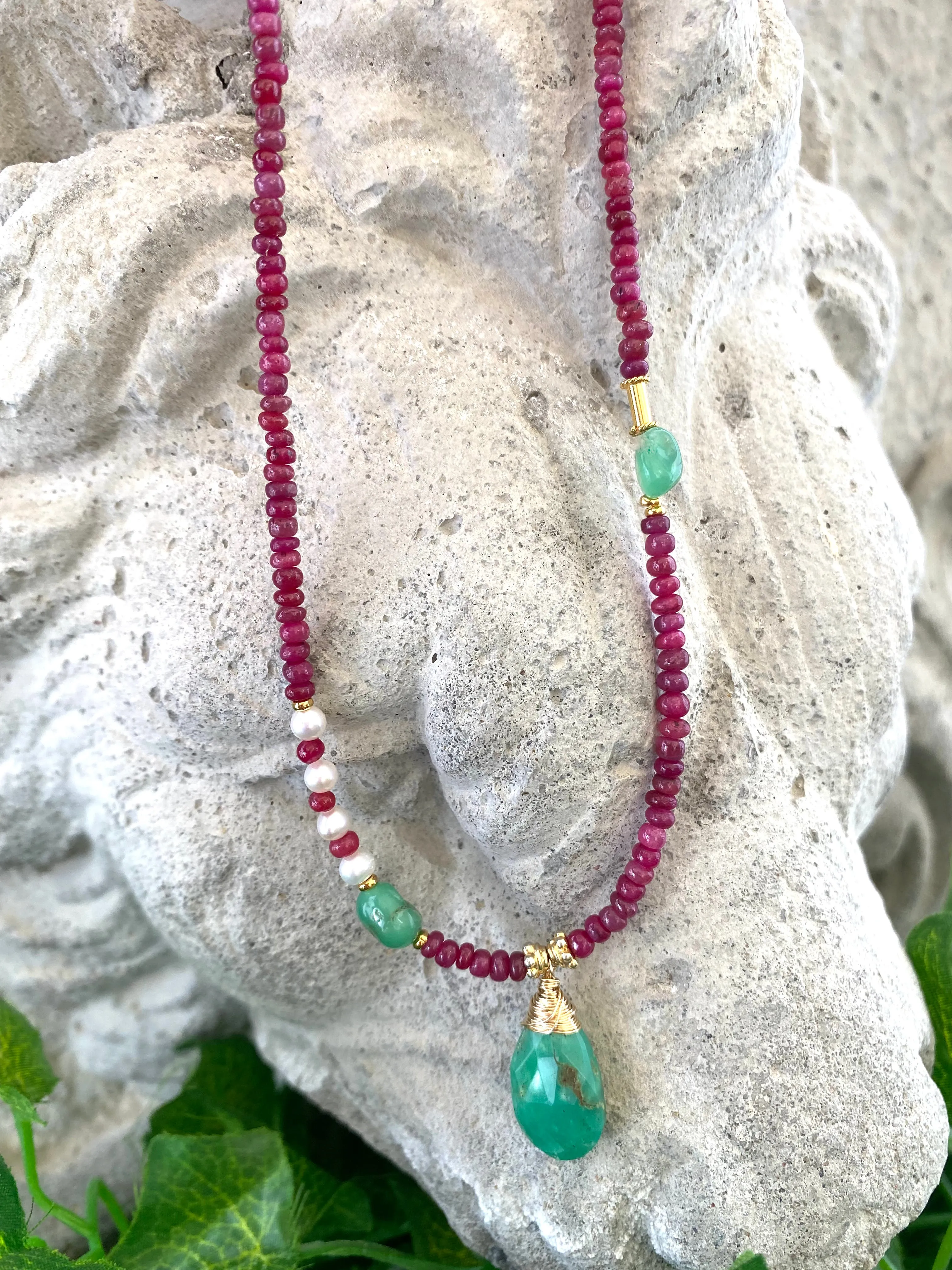 Chrysoprase & Rubies Necklace, Vermeil, Gold Plated Silver, 18in