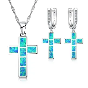 Classic Cross Fire Opal Necklace & Earrings Jewelry Set