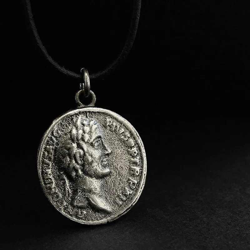 Classy Men's Sterling Silver Coin Pendant Necklace with Leather Cord