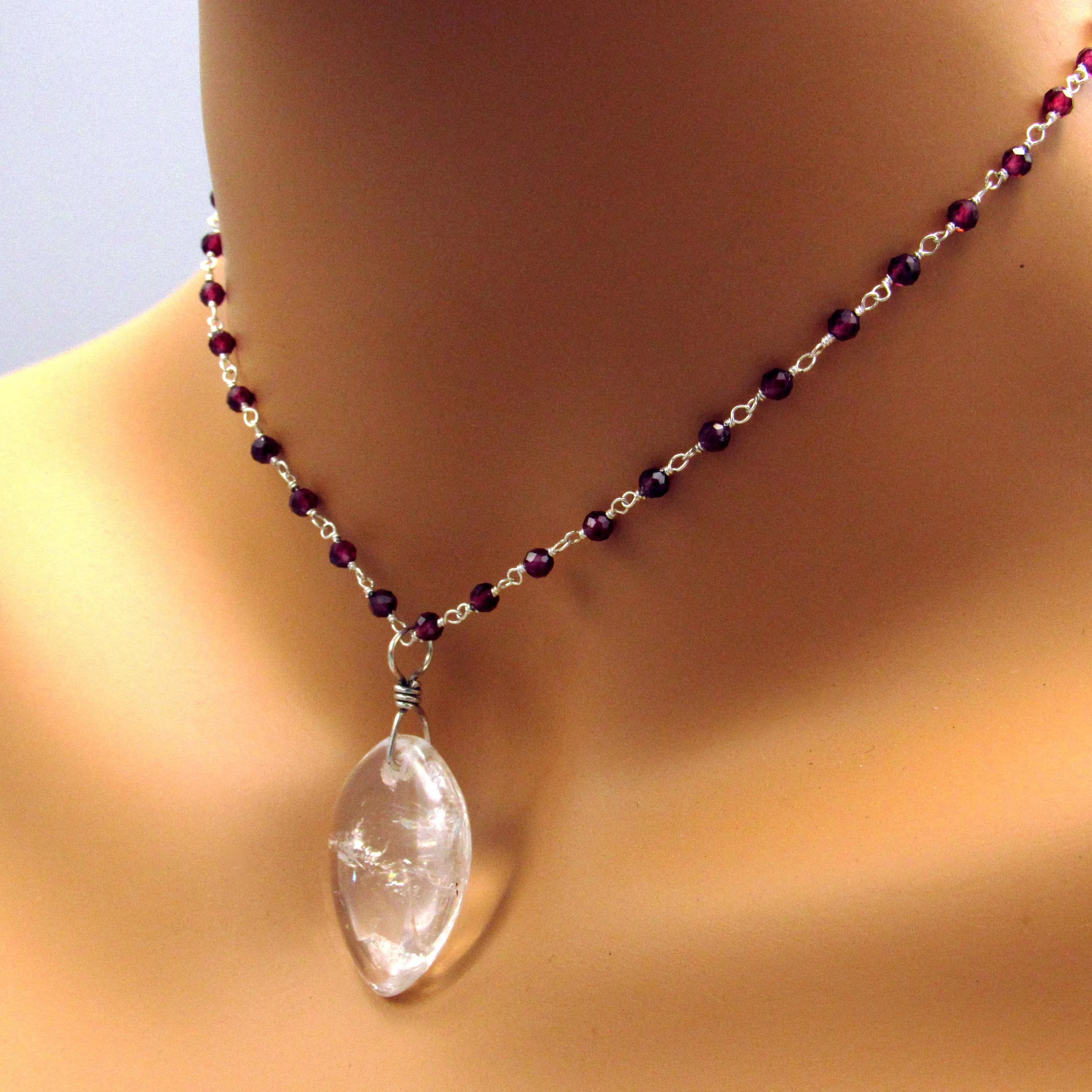 Clear Quartz Heart on Garnet Wrapped Sterling Silver Chain Necklace