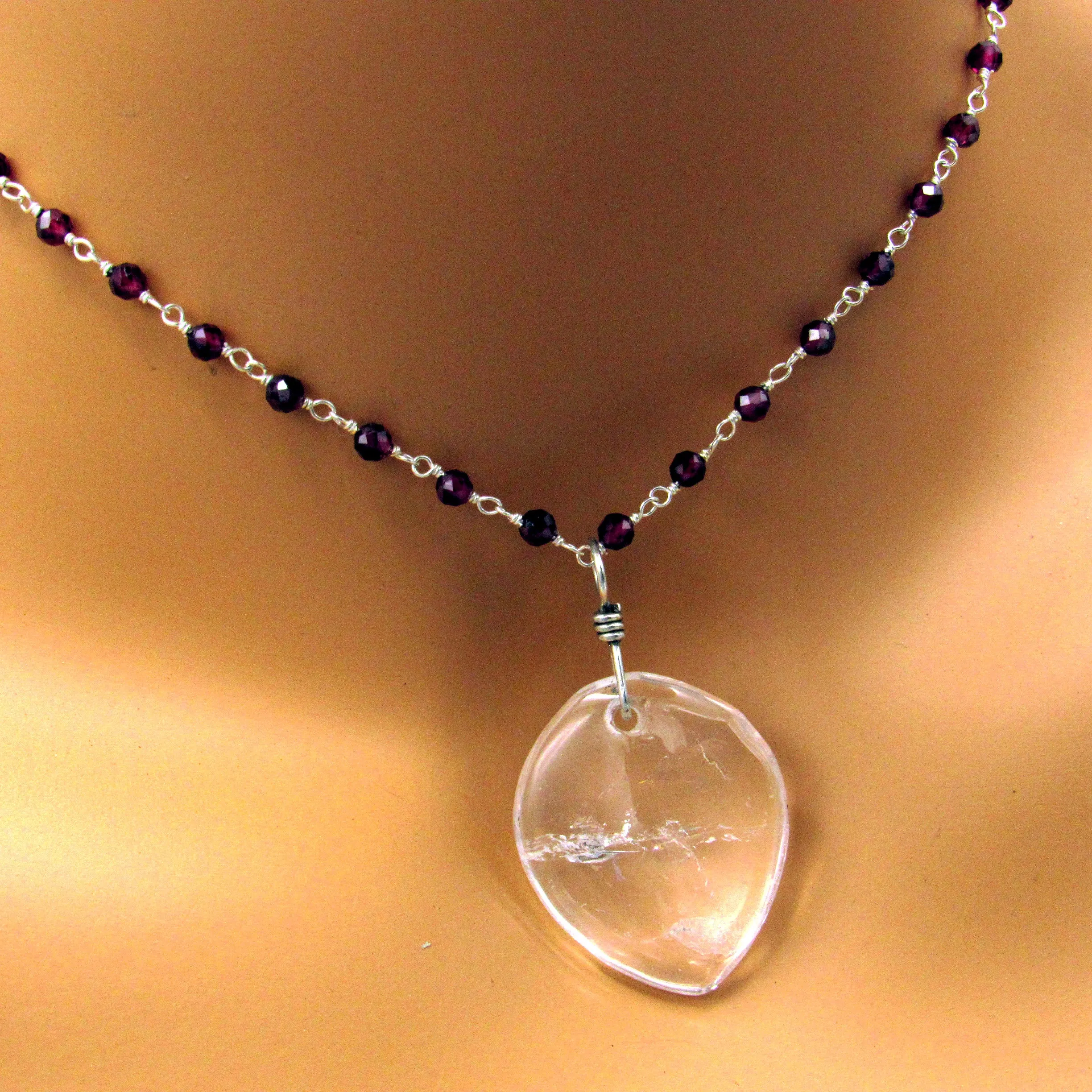 Clear Quartz Heart on Garnet Wrapped Sterling Silver Chain Necklace