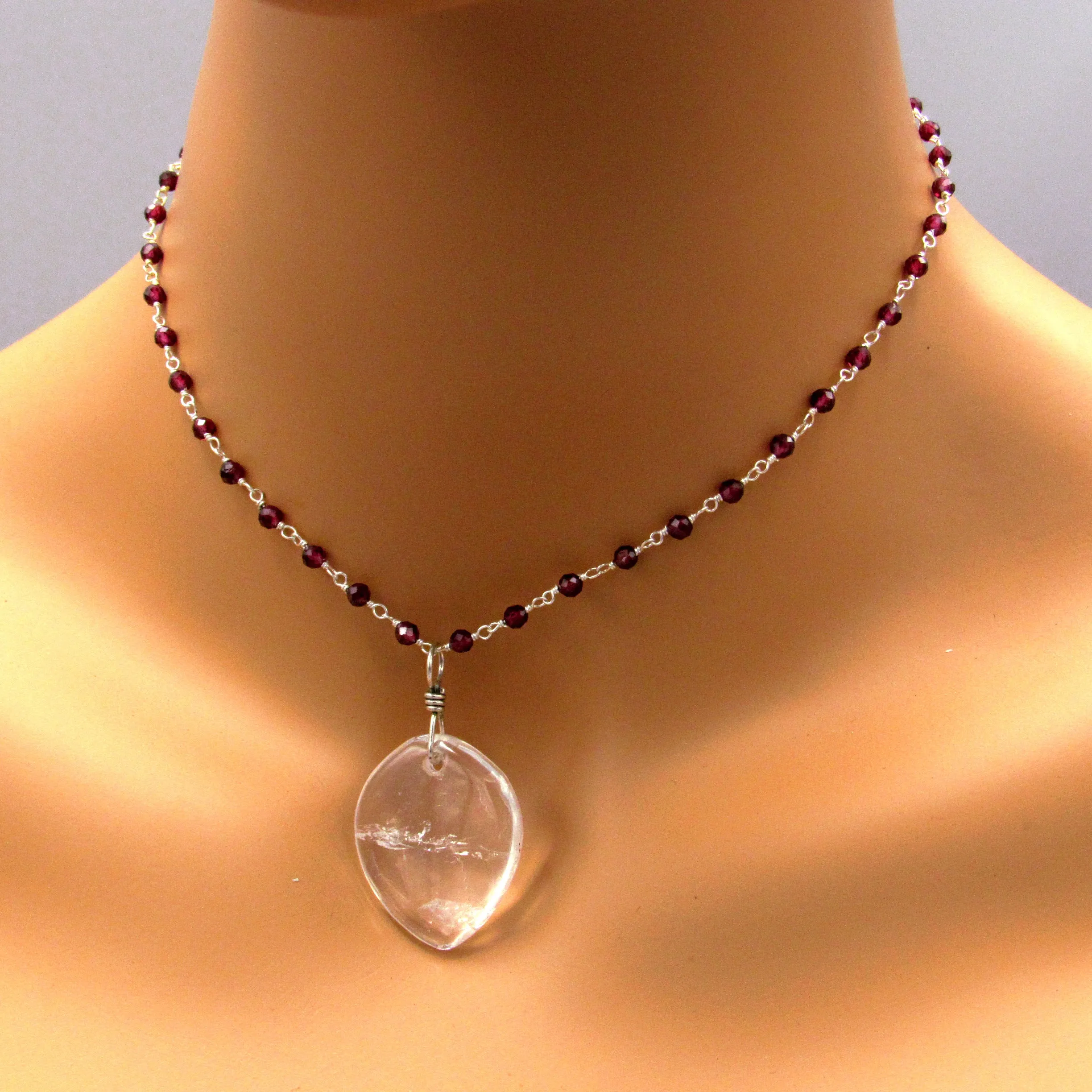 Clear Quartz Heart on Garnet Wrapped Sterling Silver Chain Necklace