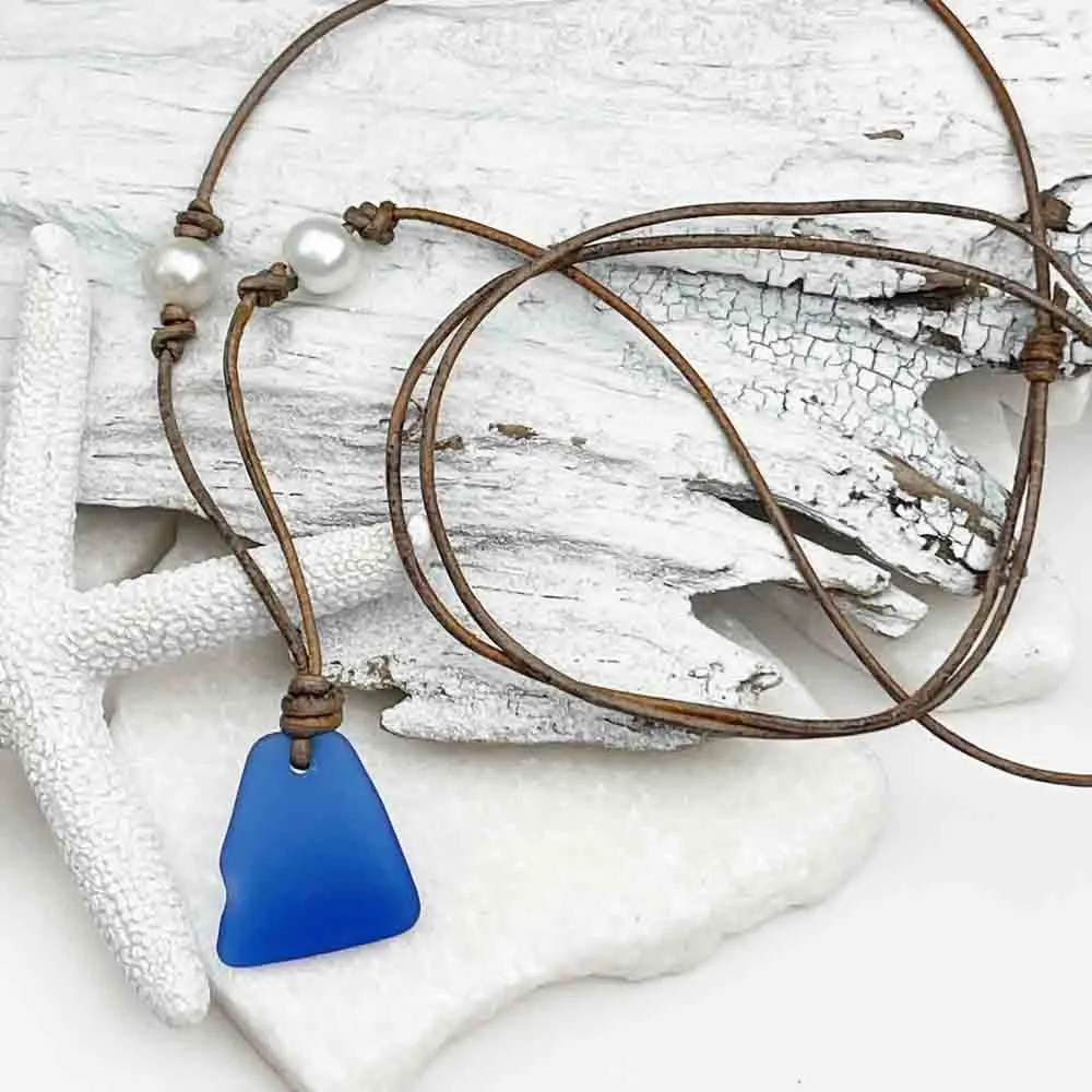 Cobalt Blue Sea Glass Leather Necklace with Genuine Freshwater Pearls | #1900