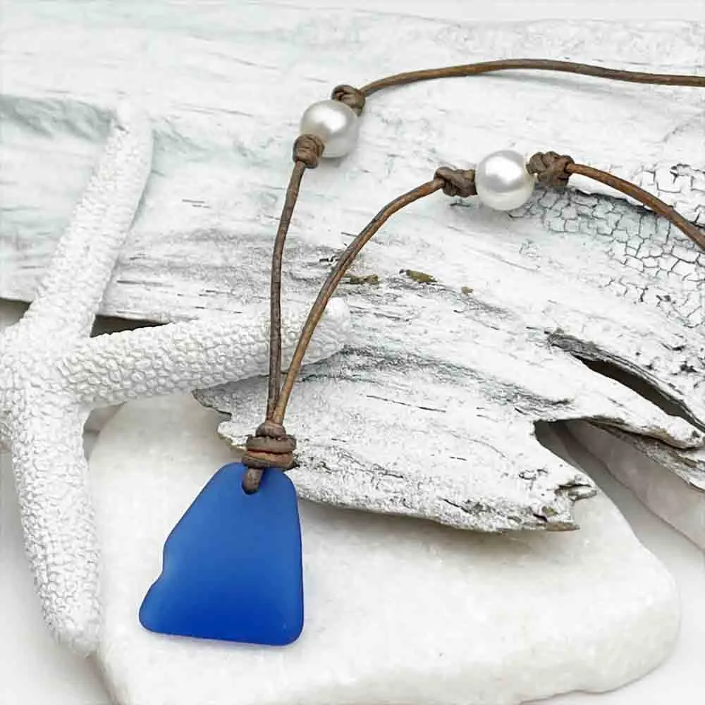 Cobalt Blue Sea Glass Leather Necklace with Genuine Freshwater Pearls | #1900