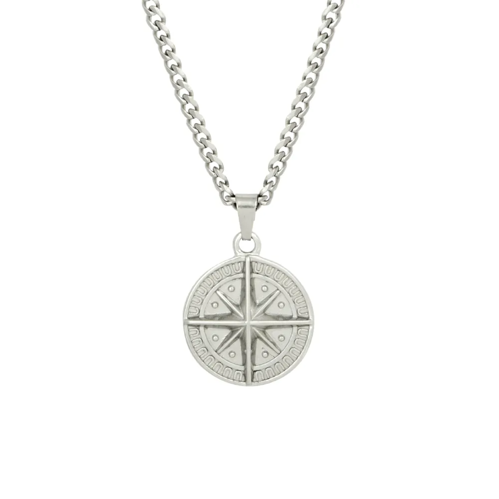 Compass Pendant & Cuban - Silver