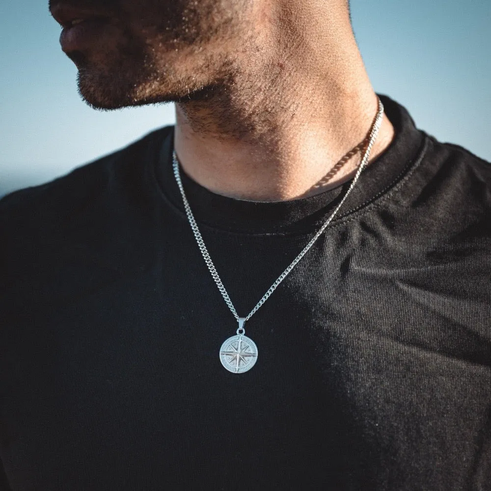 Compass Pendant & Cuban - Silver