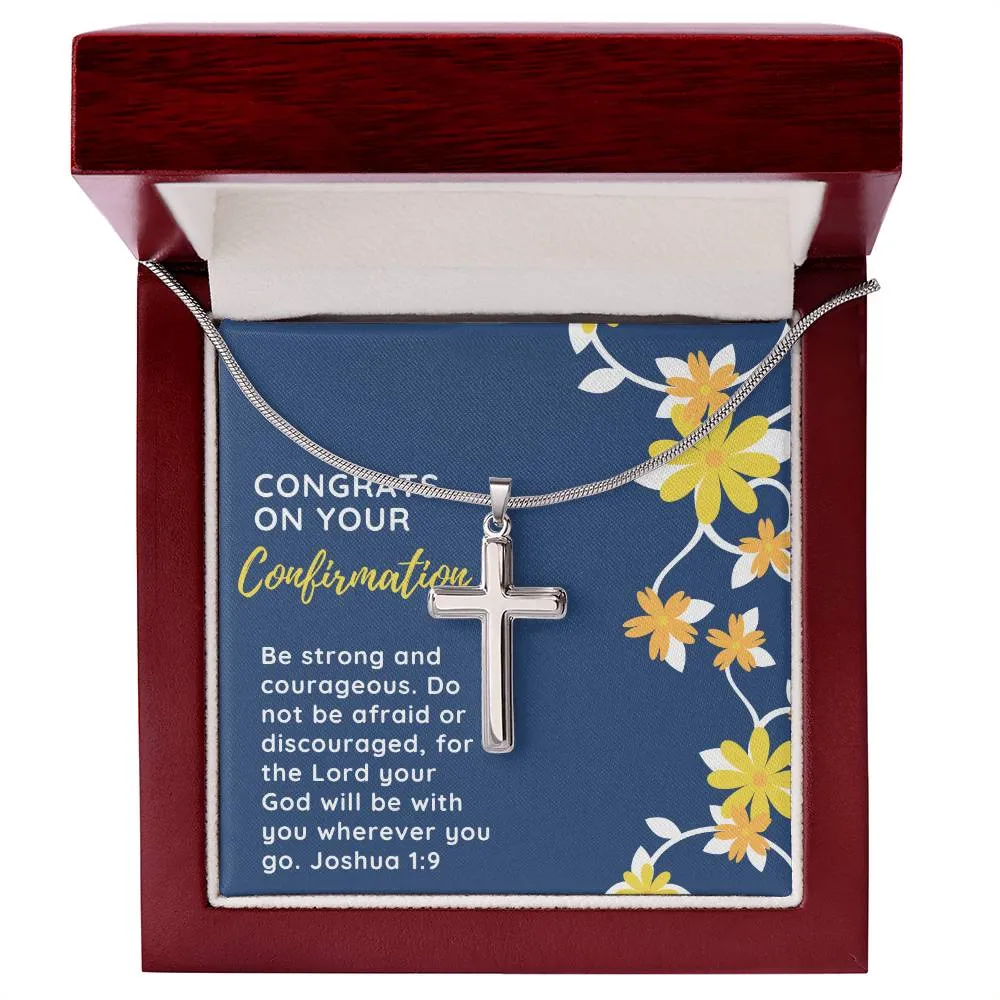 Confirmation Gift for Her, May Be Strong and Courageous Stainless Steel Cross Necklace