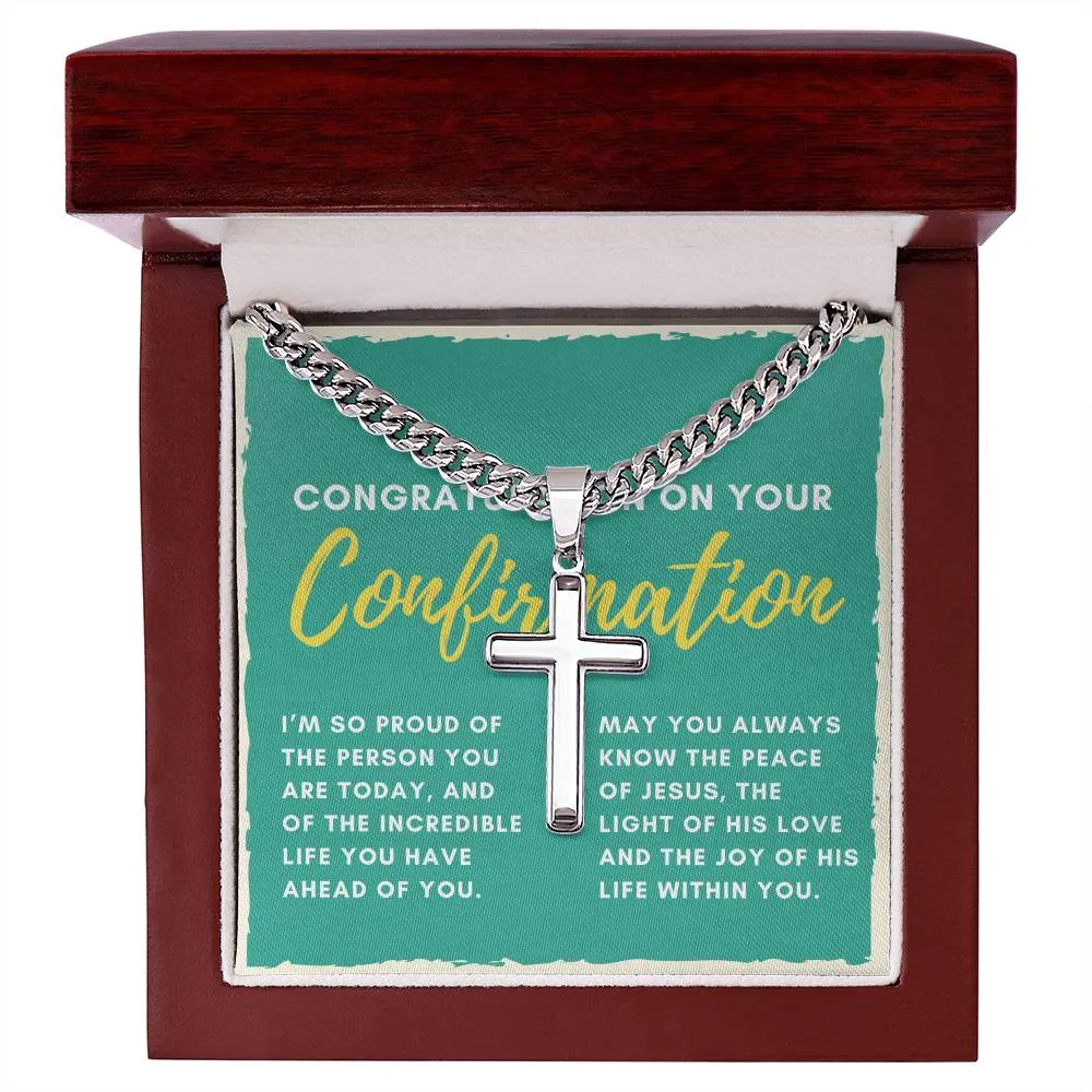 Confirmation Gift for Him, I'm Proud of the Person You Are Today Stainless Steel Men Cross Necklace on Cuban Chain