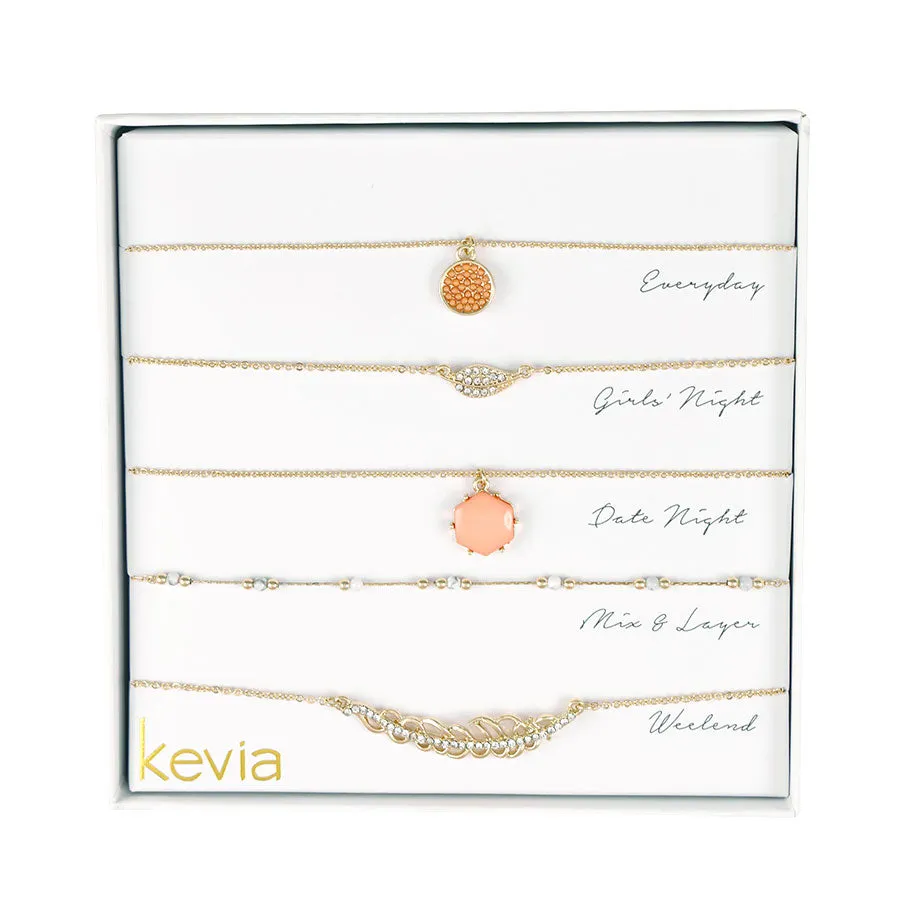 Coral & Gold Leaf Layered Necklace Set