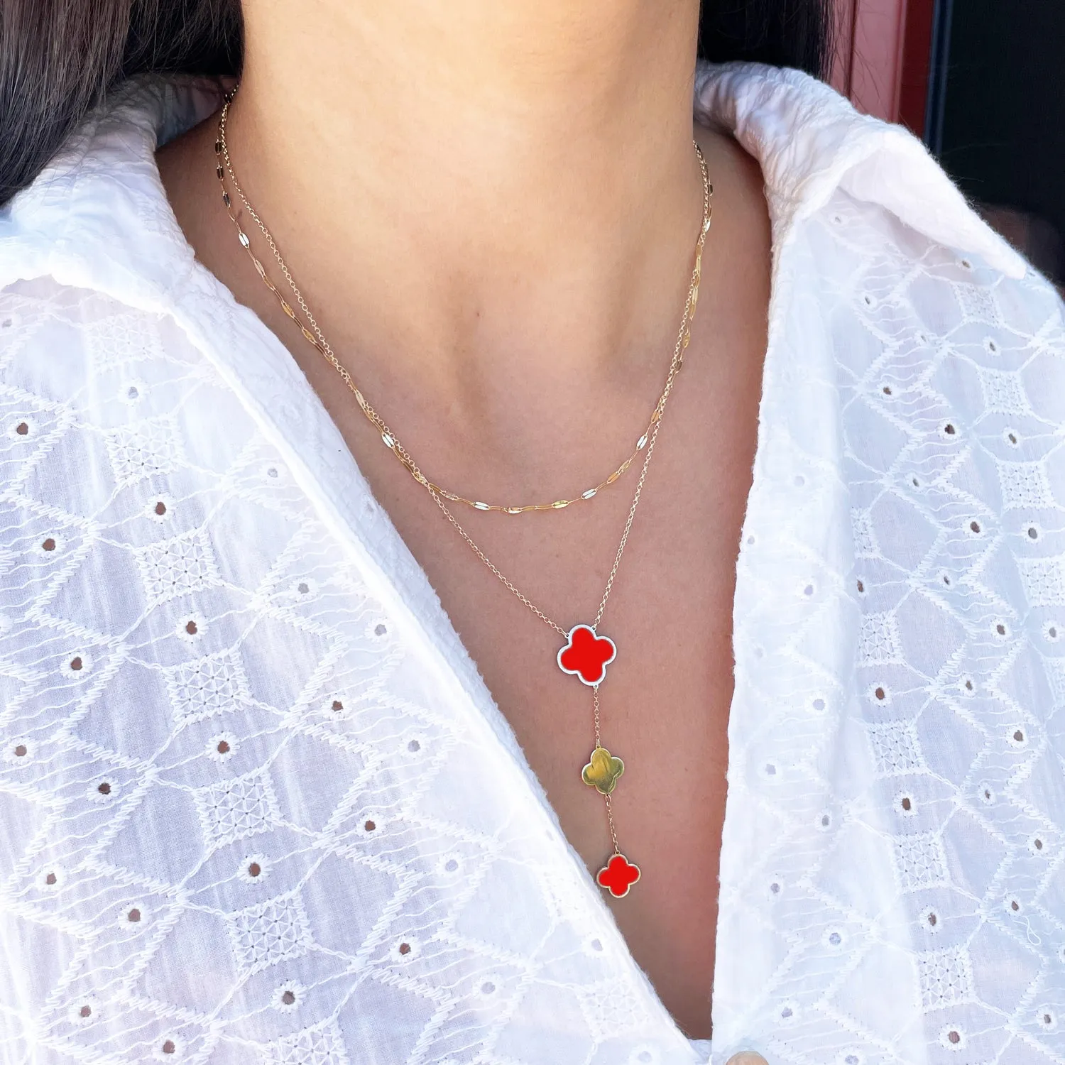 Coral Clover Lariat Necklace