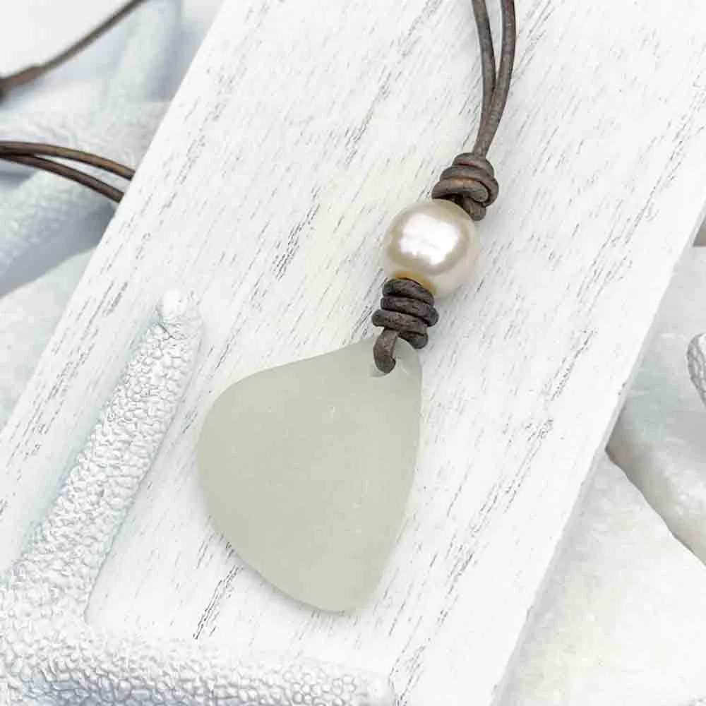 Crystal Clear Sea Glass and Freshwater Pearl Leather Necklace | #1910