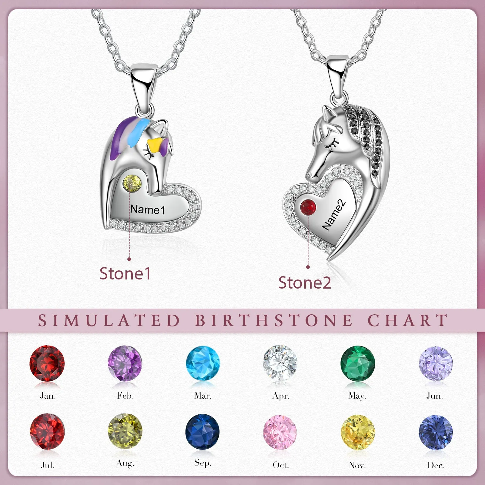 Custom Mother Daughter Birthstones and  Names Matching Unicorn Necklace Set