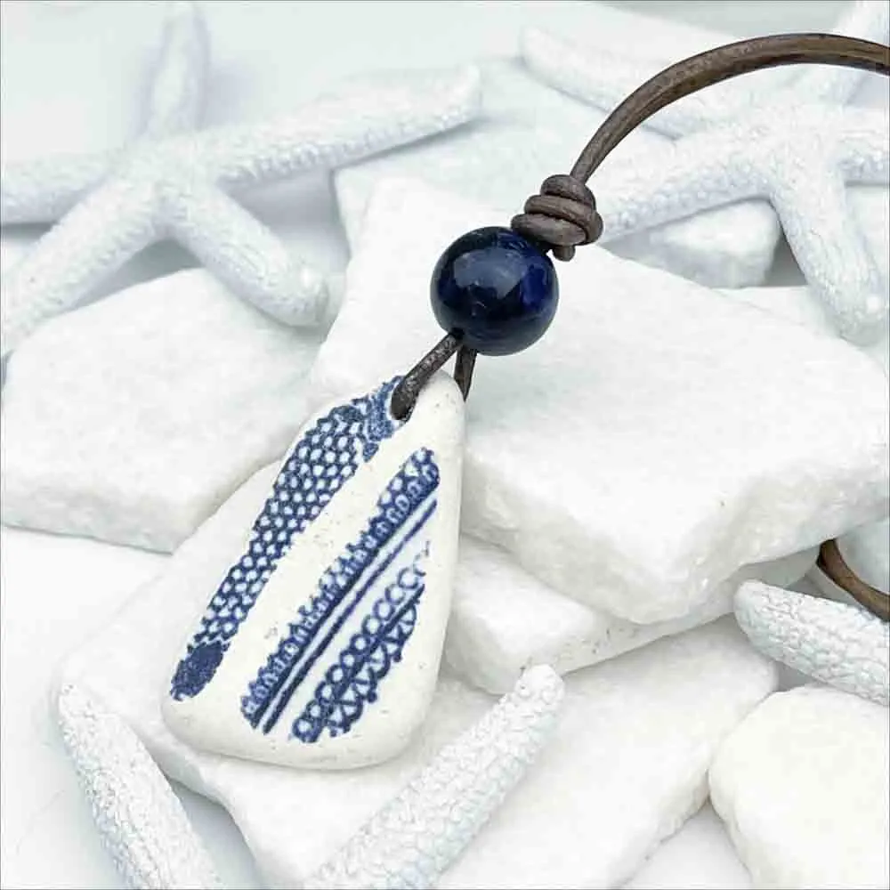 Dark Blue and White Sea Shard and Stormy Blue Sodalite Leather Necklace | #5083