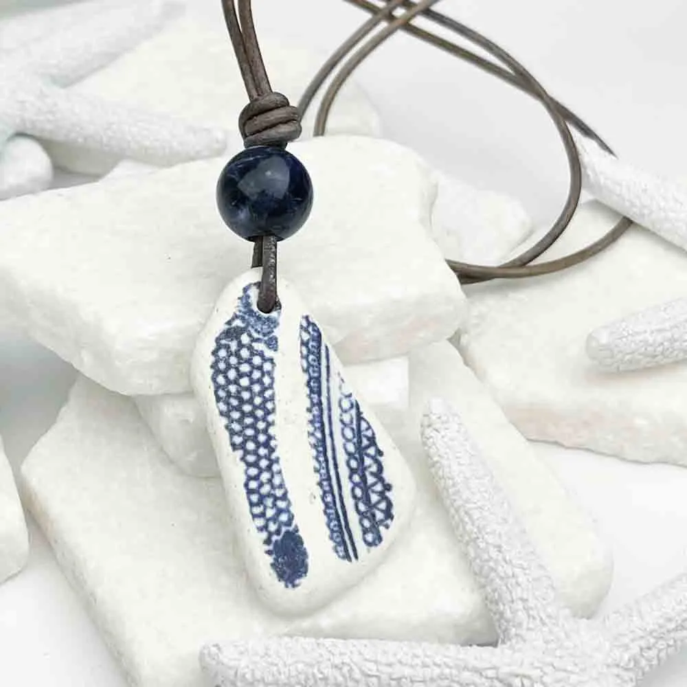 Dark Blue and White Sea Shard and Stormy Blue Sodalite Leather Necklace | #5083