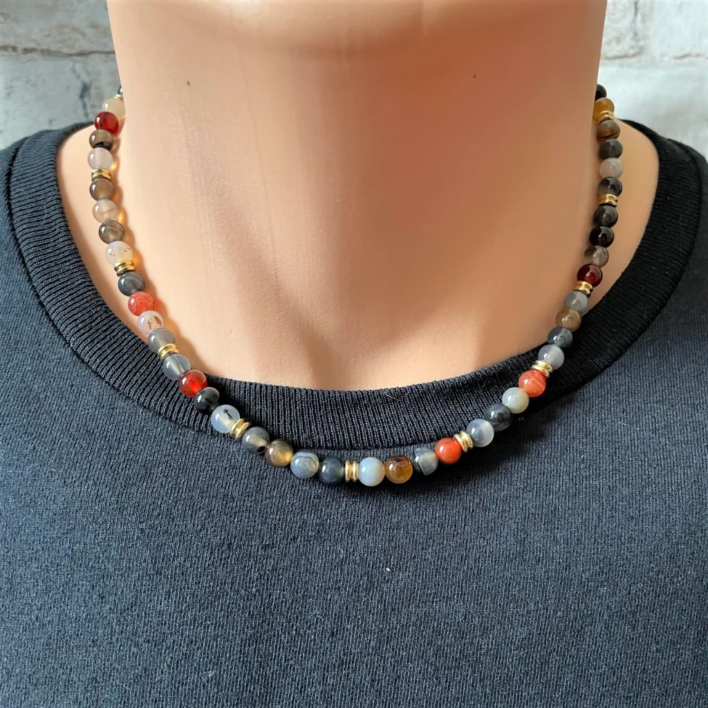 Dark Multi Agate and Gold Mens Beaded Necklace