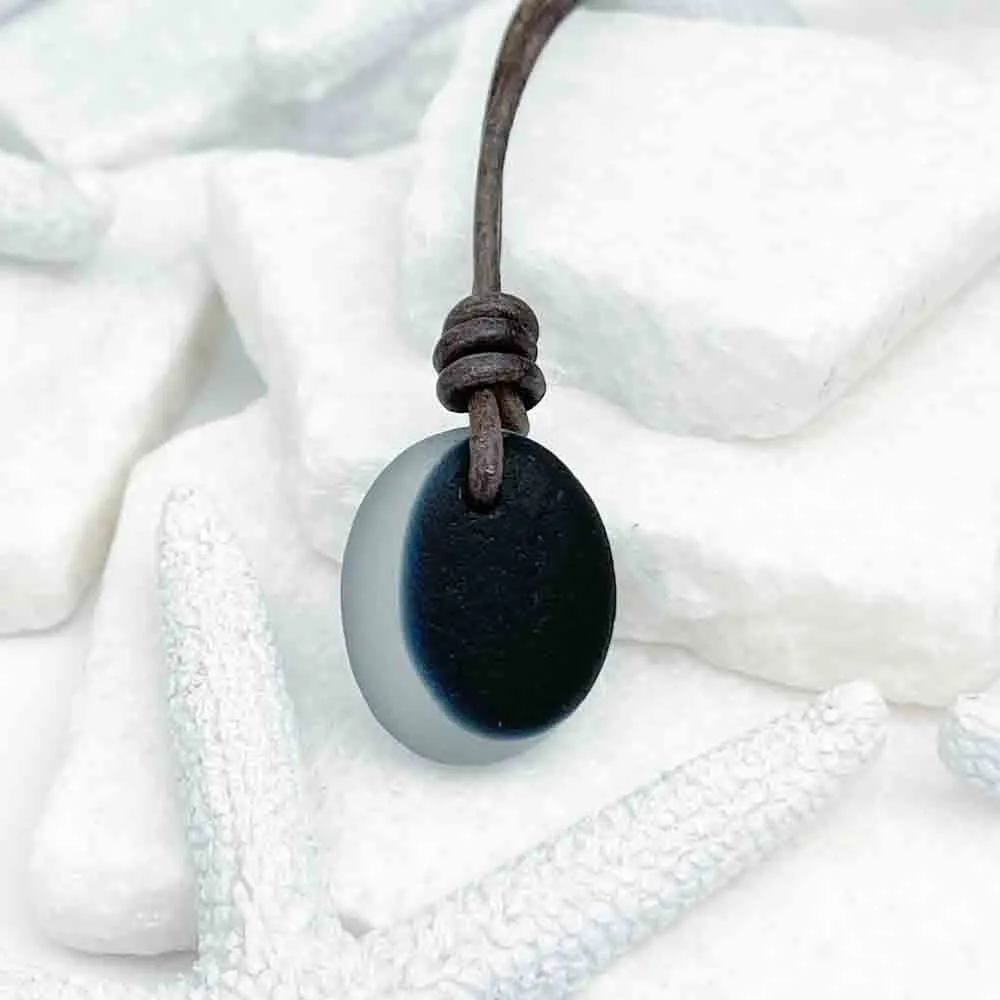 Dark Skies Blue English Multi Sea Glass Leather Necklace | #5026