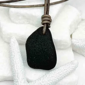 Deep Black Bottle Bottom Sea Glass Leather Necklace | #5023