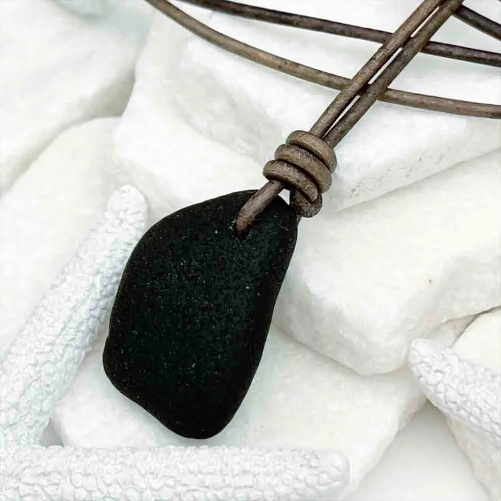 Deep Black Bottle Bottom Sea Glass Leather Necklace | #5023