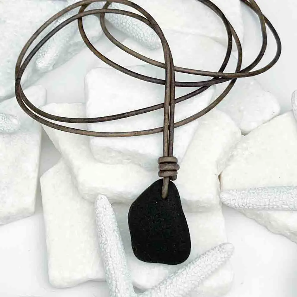 Deep Black Bottle Bottom Sea Glass Leather Necklace | #5023