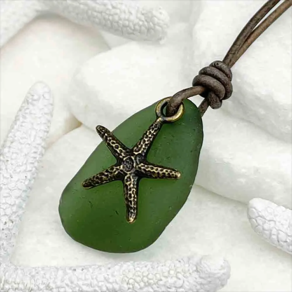 Deep Champagne Green Sea Glass and Bronze Starfish Leather Necklace | #5108