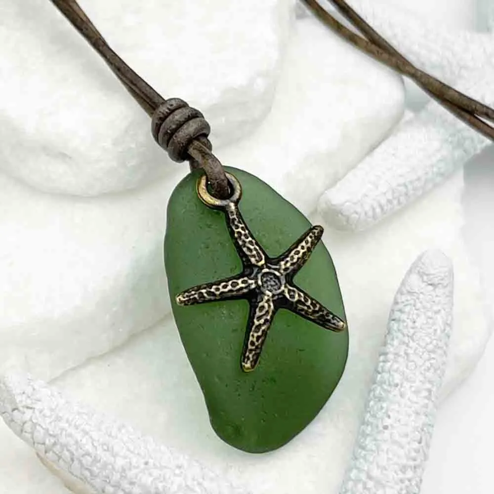 Deep Champagne Green Sea Glass and Bronze Starfish Leather Necklace | #5108