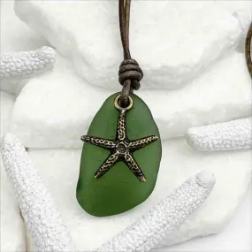 Deep Champagne Green Sea Glass and Bronze Starfish Leather Necklace | #5108