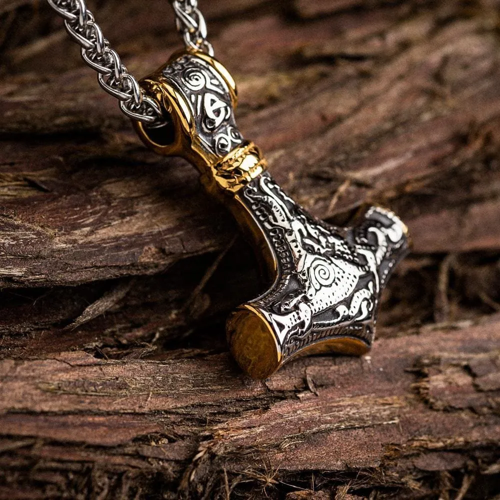 Dual Color Stainless Steel Knotwork Mjolnir Necklace