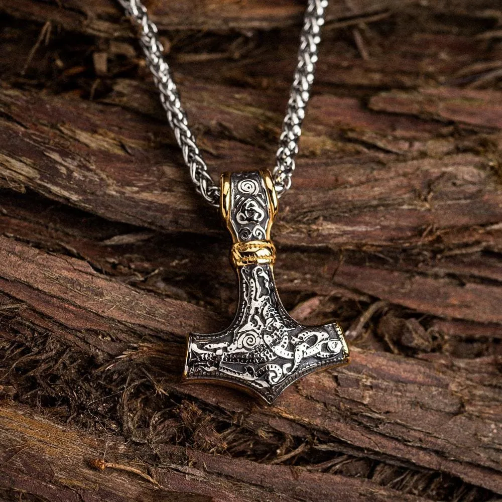 Dual Color Stainless Steel Knotwork Mjolnir Necklace