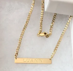 Engraved Gold Bar Necklace on Cuban Curb Chain