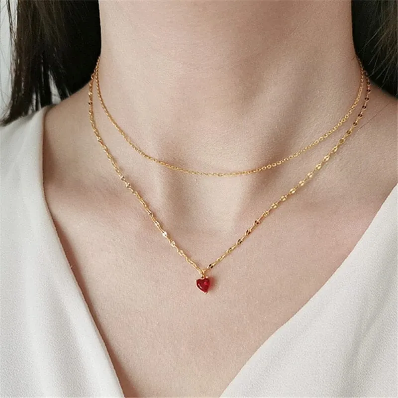 European Simple Red Heart Ruby Pendant Necklace