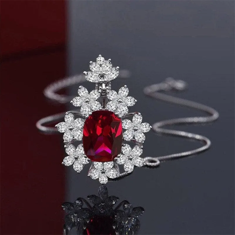 Flower Shape Square Cut Ruby Pendant Necklace