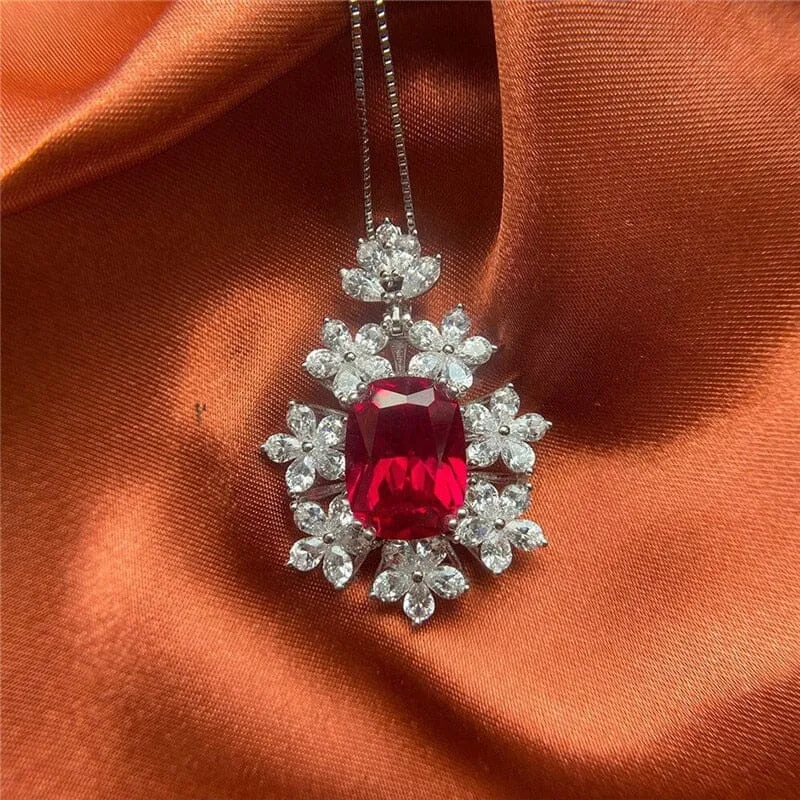 Flower Shape Square Cut Ruby Pendant Necklace