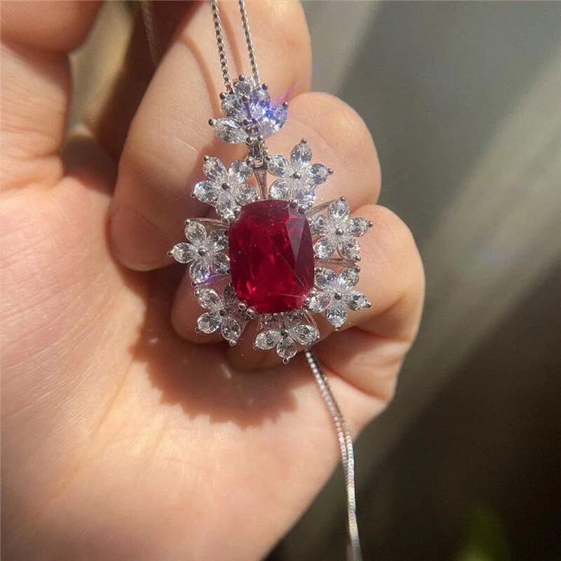 Flower Shape Square Cut Ruby Pendant Necklace