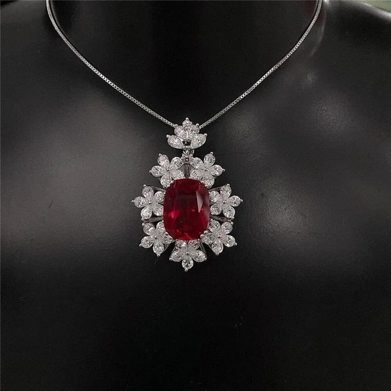 Flower Shape Square Cut Ruby Pendant Necklace