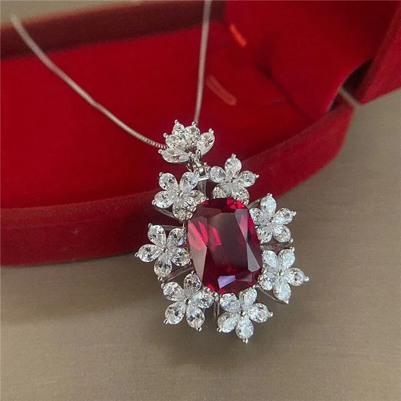 Flower Shape Square Cut Ruby Pendant Necklace